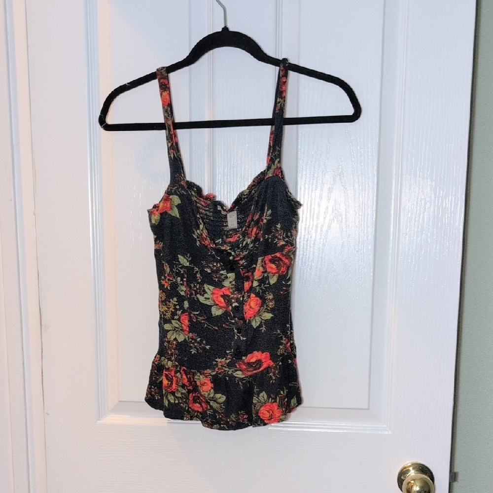 American Rag Black Cami with Red Rose Floral Print and Green Leaves